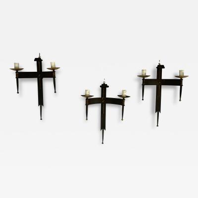 Set of 3 Neo Gothic wall light in wrought iron gilded with leaf France 1920