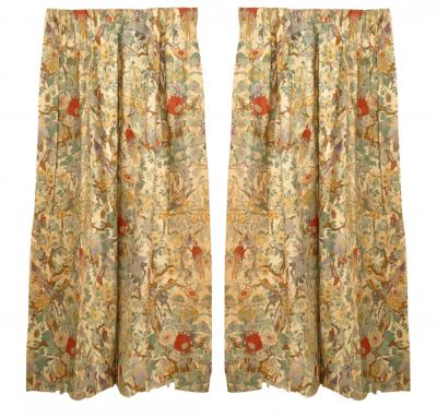 Set of 3 Pair of Floral and Bird Linen Drapes and 1 Valance