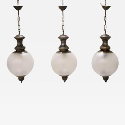 Set of 3 Pendant Lamps in Brass and Glass Italy 1960s