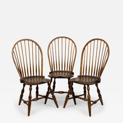 Set of 3 Rustic Windsor Back Carved Oak Side Chairs