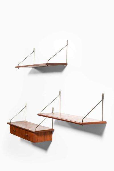 Set of 3 Scandinavian Modern Wall Mounted Shelves in Brass and Teak 1950s