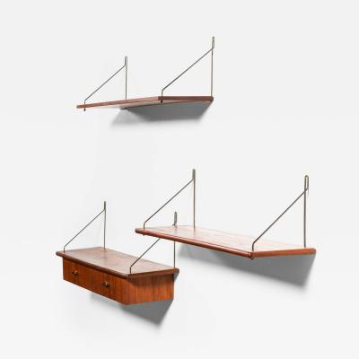 Set of 3 Scandinavian Modern Wall Mounted Shelves in Brass and Teak 1950s
