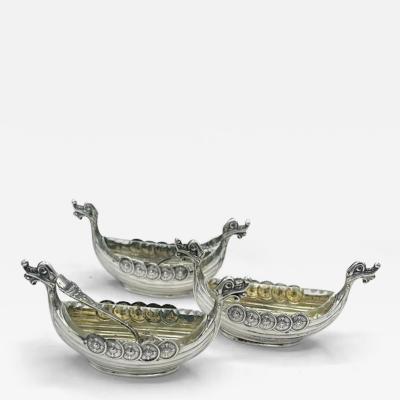 Set of 3 Viking Ship Silver Salts 2 Spoon 3 Cut Glass Inserts