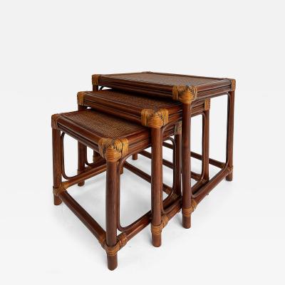 Set of 3 Vintage Rattan Grass Cloth Nesting Tables McGuire Manner