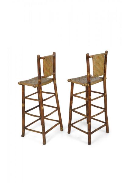 Set of 4 American Rustic Old Hickory and Willow Bar Stools