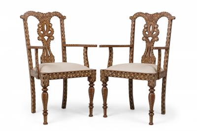 Set of 4 Anglo Indian Carved Hardwood and Inlaid Armchairs