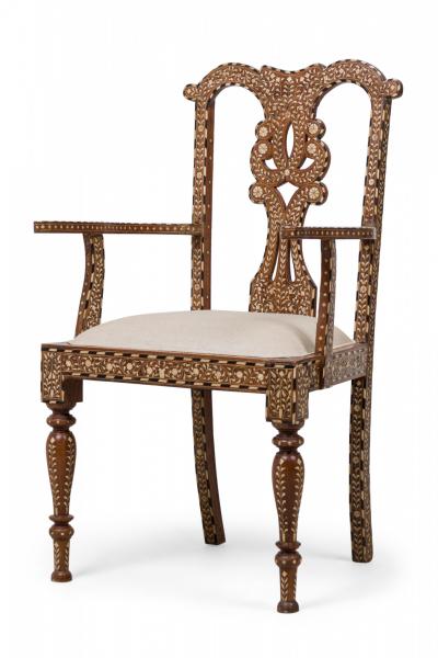 Set of 4 Anglo Indian Carved Hardwood and Inlaid Armchairs