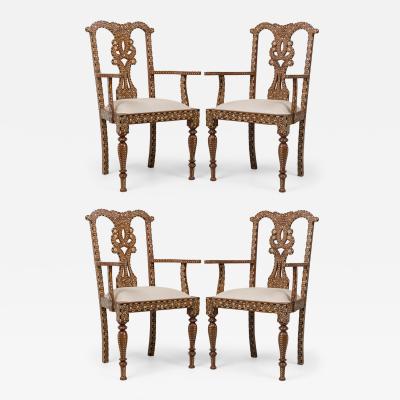 Set of 4 Anglo Indian Carved Hardwood and Inlaid Armchairs