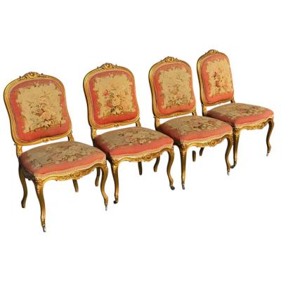 Set of 4 Antique French Louis XV Style Giltwood Aubusson Tapestry Chairs