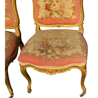 Set of 4 Antique French Louis XV Style Giltwood Aubusson Tapestry Chairs