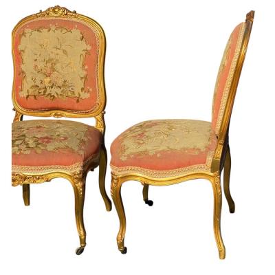Set of 4 Antique French Louis XV Style Giltwood Aubusson Tapestry Chairs