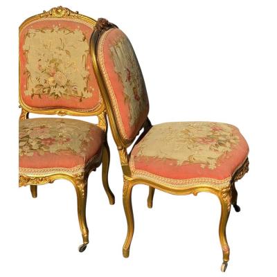 Set of 4 Antique French Louis XV Style Giltwood Aubusson Tapestry Chairs