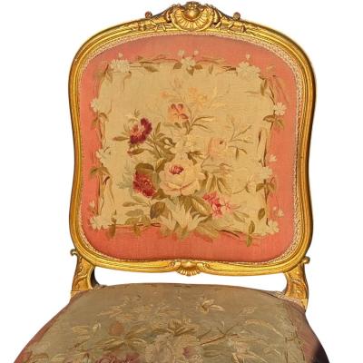 Set of 4 Antique French Louis XV Style Giltwood Aubusson Tapestry Chairs