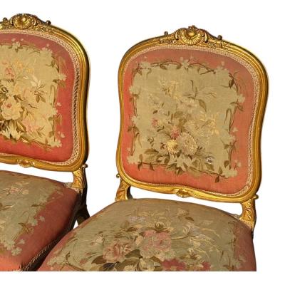 Set of 4 Antique French Louis XV Style Giltwood Aubusson Tapestry Chairs