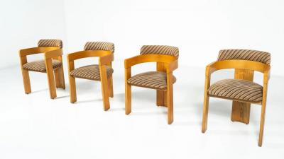 Set of 4 Armchairs Wood and Fabric Italy 1970s