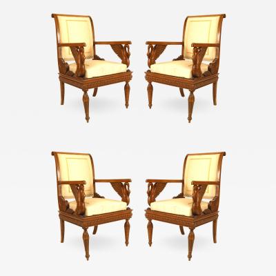 Set of 4 Austrian Neoclassic fruitwood inlaid walnut arm chairs