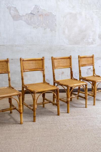 Set of 4 Bamboo and Rush Fabric Chairs Italy 1970s