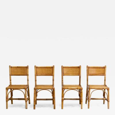 Set of 4 Bamboo and Rush Fabric Chairs Italy 1970s