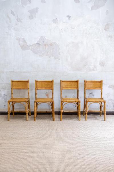 Set of 4 Bamboo and Rush Fabric Chairs Italy 1970s