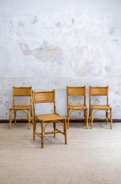 Set of 4 Bamboo and Rush Fabric Chairs Italy 1970s
