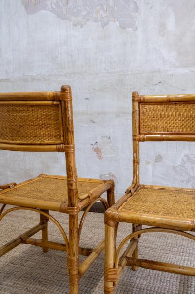 Set of 4 Bamboo and Rush Fabric Chairs Italy 1970s