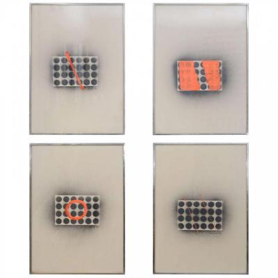 Set of 4 Domoto Hisao Japanese Works on Paper with Orange Marking