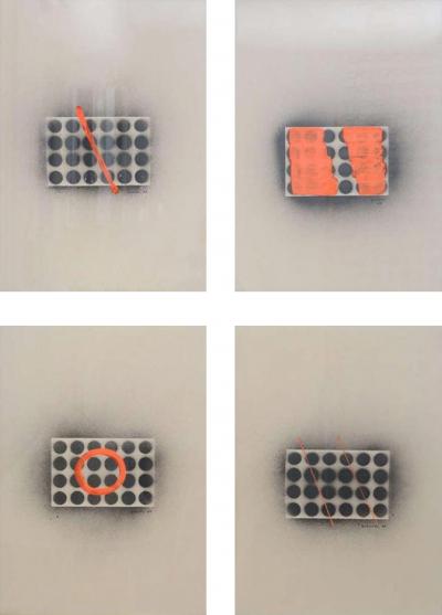 Set of 4 Domoto Hisao Japanese Works on Paper with Orange Marking
