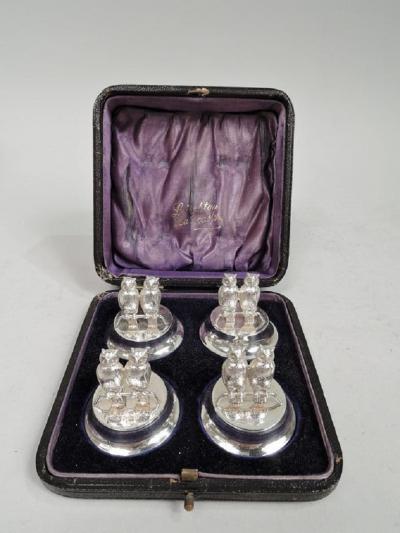 Set of 4 English Edwardian Figural Wise Bird Owl Place Card Holders