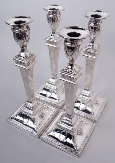 Set of 4 English Georgian Neoclassical Pillar Candlesticks 1779