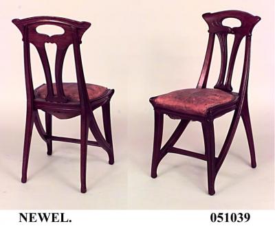 Set of 4 French Art Nouveau Walnut Sleigh Design Open Back Side Chairs