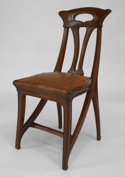 Set of 4 French Art Nouveau Walnut Sleigh Design Open Back Side Chairs