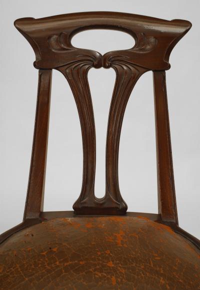 Set of 4 French Art Nouveau Walnut Sleigh Design Open Back Side Chairs