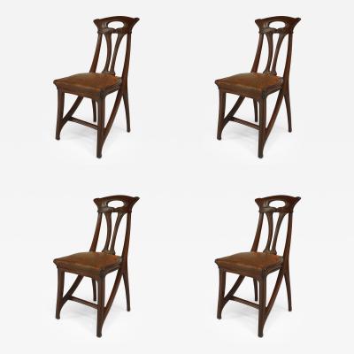 Set of 4 French Art Nouveau Walnut Sleigh Design Open Back Side Chairs