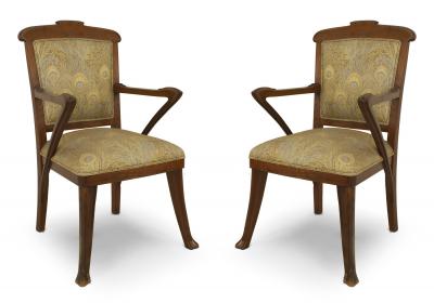 Set of 4 French Art Nouveau Walnut and Upholstery Armchairs