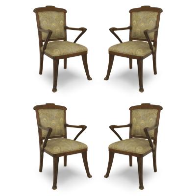 Set of 4 French Art Nouveau Walnut and Upholstery Armchairs