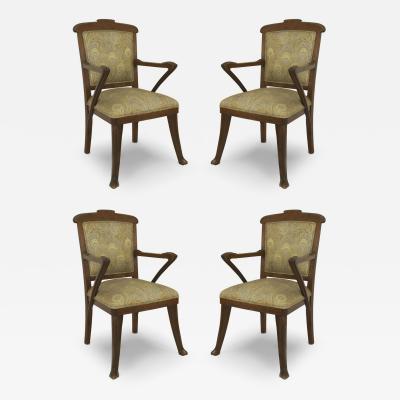 Set of 4 French Art Nouveau Walnut and Upholstery Armchairs