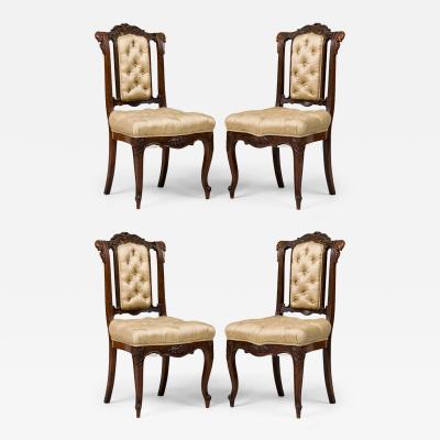 Set of 4 French Carved Mahogany and Beige Tufted Upholstered Side Chairs