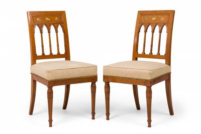 Set of 4 French Charles X Beige Upholstered Spindle Back Dining Side Chairs