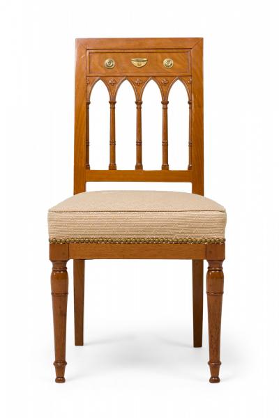 Set of 4 French Charles X Beige Upholstered Spindle Back Dining Side Chairs