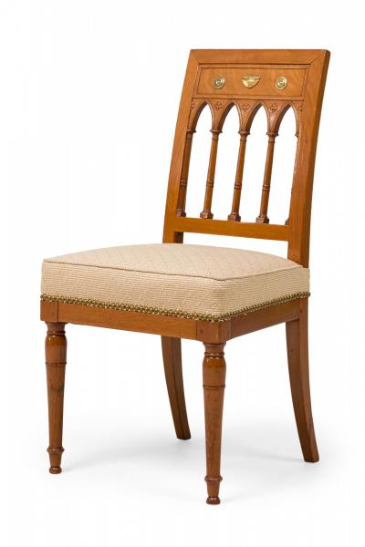 Set of 4 French Charles X Beige Upholstered Spindle Back Dining Side Chairs