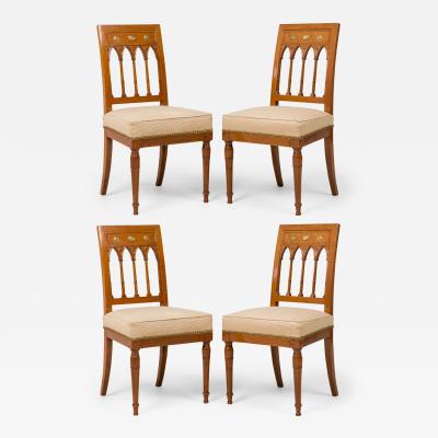 Set of 4 French Charles X Beige Upholstered Spindle Back Dining Side Chairs