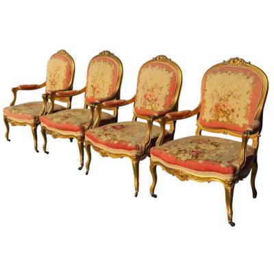 Set of 4 French Louis XV Style Giltwood Aubusson Tapestry Fauteuil Arm Chairs
