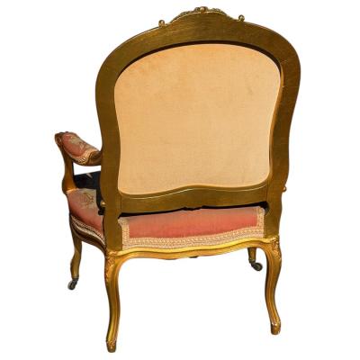 Set of 4 French Louis XV Style Giltwood Aubusson Tapestry Fauteuil Arm Chairs