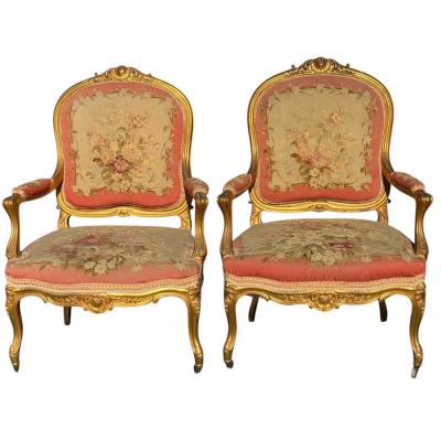 Set of 4 French Louis XV Style Giltwood Aubusson Tapestry Fauteuil Arm Chairs