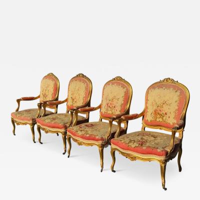 Set of 4 French Louis XV Style Giltwood Aubusson Tapestry Fauteuil Arm Chairs