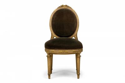 Set of 4 French Louis XVI Style Oval Back Carved Wood Green Velvet Upholstered D