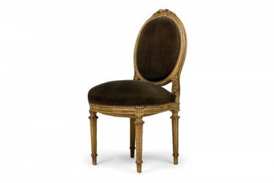 Set of 4 French Louis XVI Style Oval Back Carved Wood Green Velvet Upholstered D