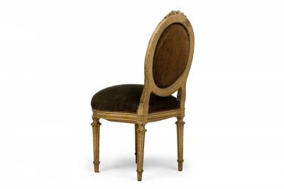 Set of 4 French Louis XVI Style Oval Back Carved Wood Green Velvet Upholstered D