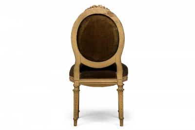 Set of 4 French Louis XVI Style Oval Back Carved Wood Green Velvet Upholstered D