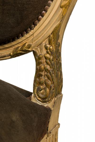 Set of 4 French Louis XVI Style Oval Back Carved Wood Green Velvet Upholstered D
